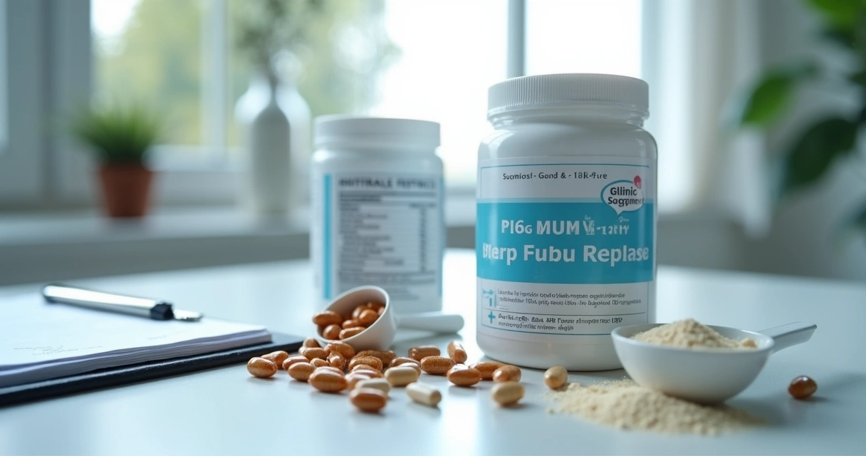 Rótulos de suplementos e ingredientes sobre bancada 