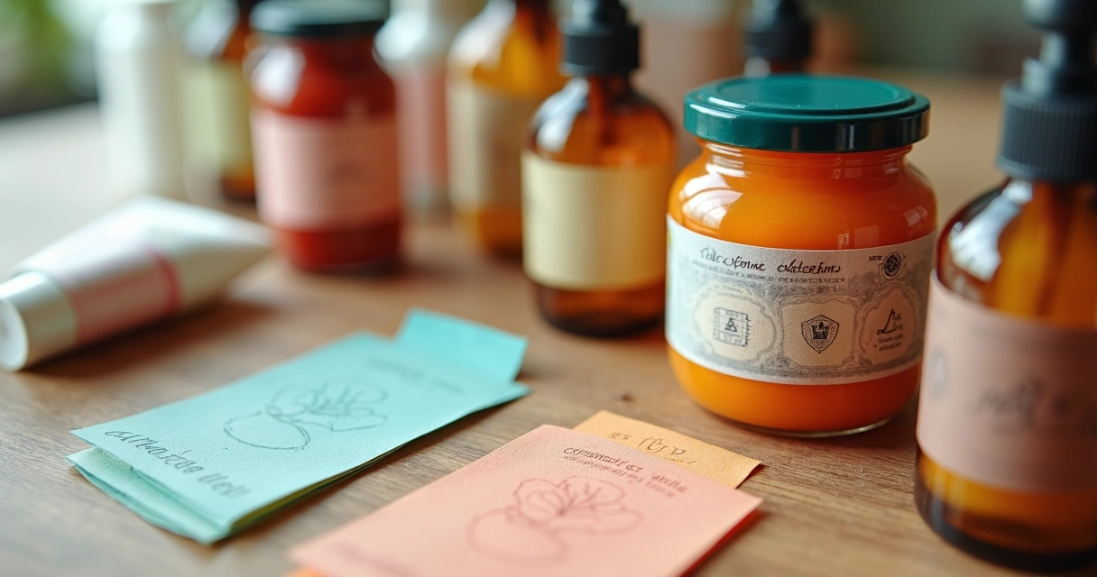 Vários rótulos adesivos aplicados em frascos de alimentos e cosméticos apresentados em uma mesa de madeira 