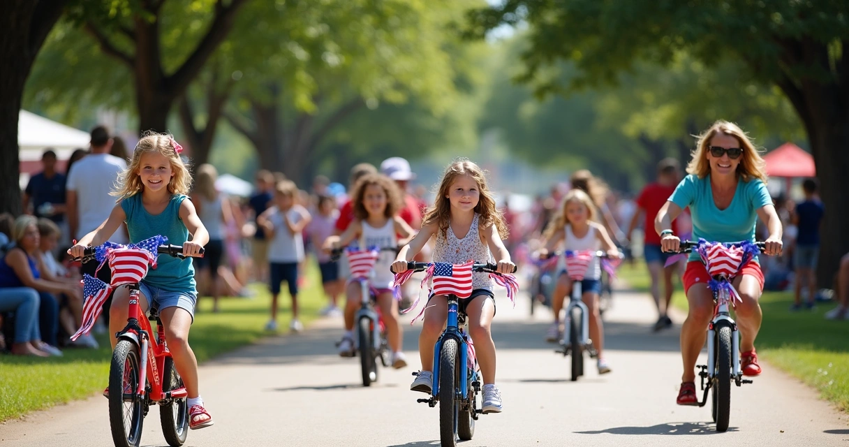 Children and parents on decorated bikes with flags and banners. 