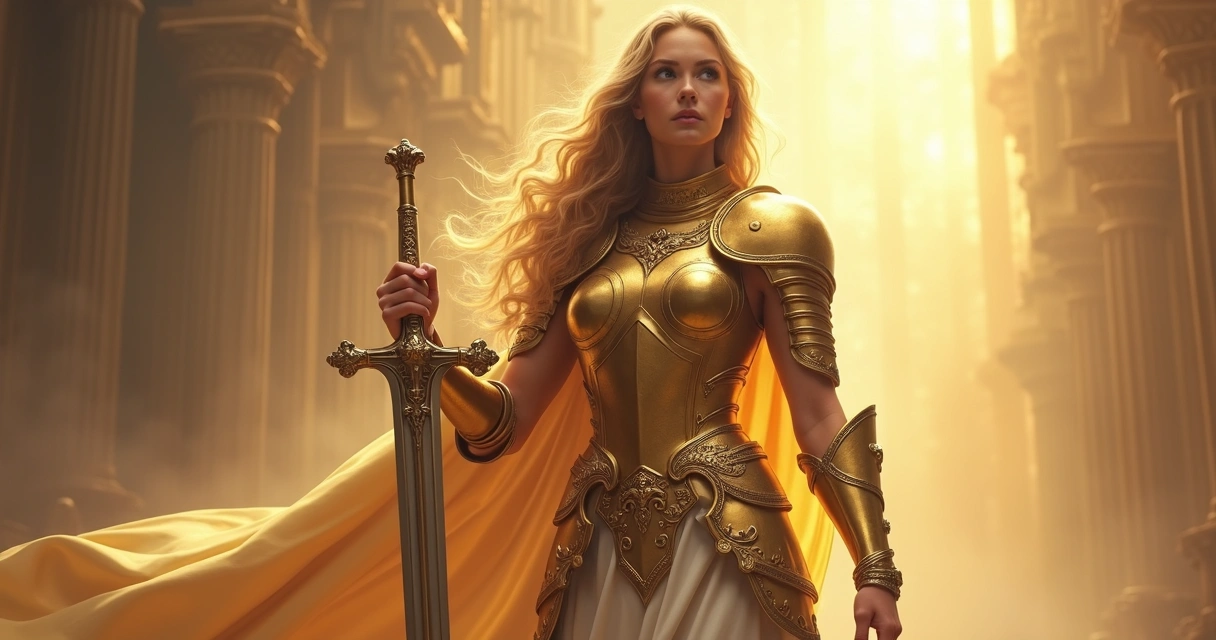Mulher vestindo armadura dourada segurando uma espada 