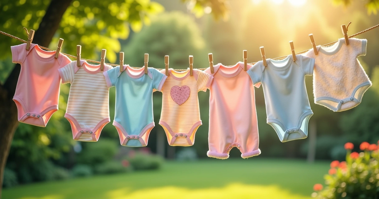Roupas de bebê coloridas penduradas no varal ao ar livre 