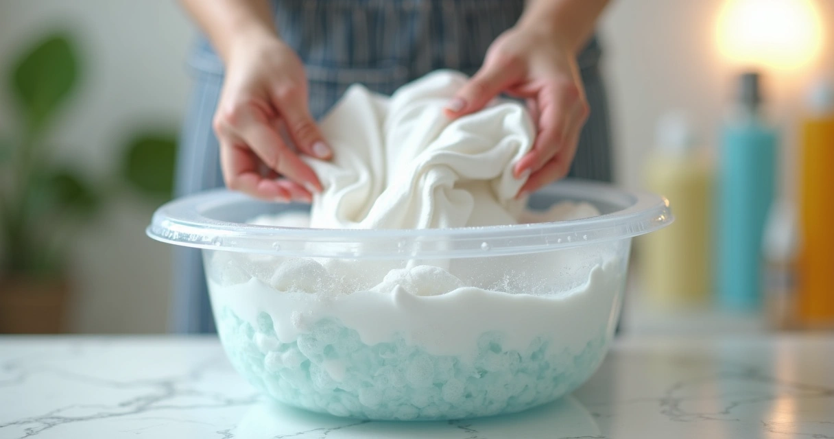 Roupas brancas de molho em uma bacia com água clara 