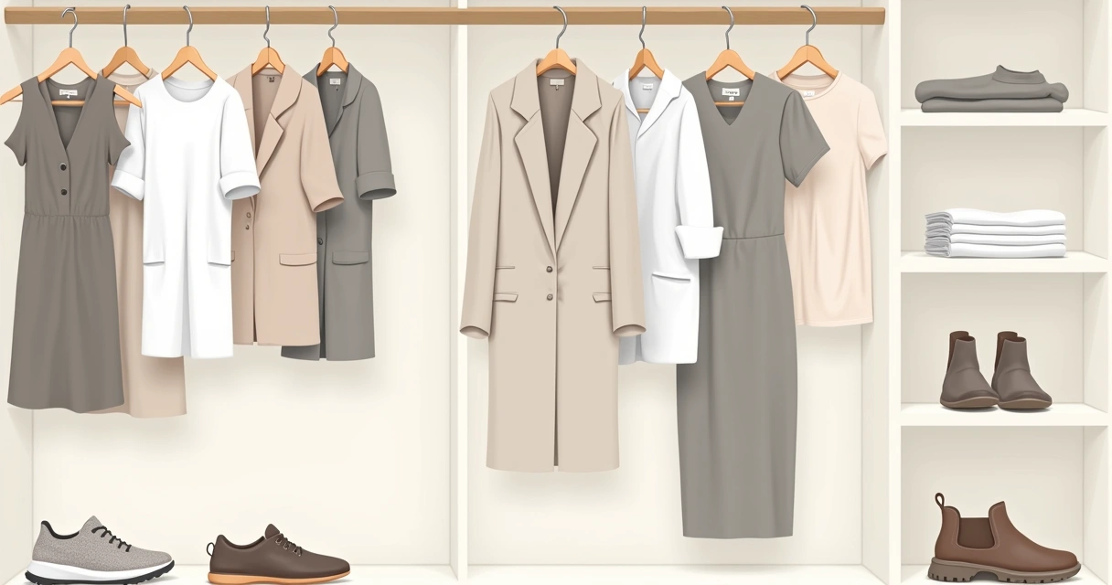 Peças de roupas cápsula femininas organizadas em um guarda-roupa aberto