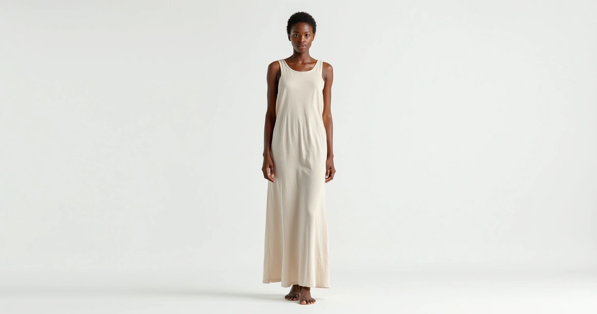 Vestido claro sobre fundo branco com iluminação suave. 