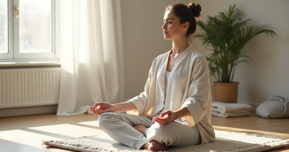 Pessoa sentada para meditar com roupas leves em ambiente calmo