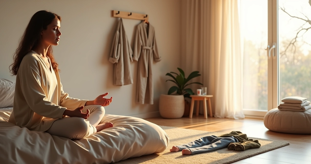 Pessoa escolhendo roupas confortáveis para meditar em quarto organizado 