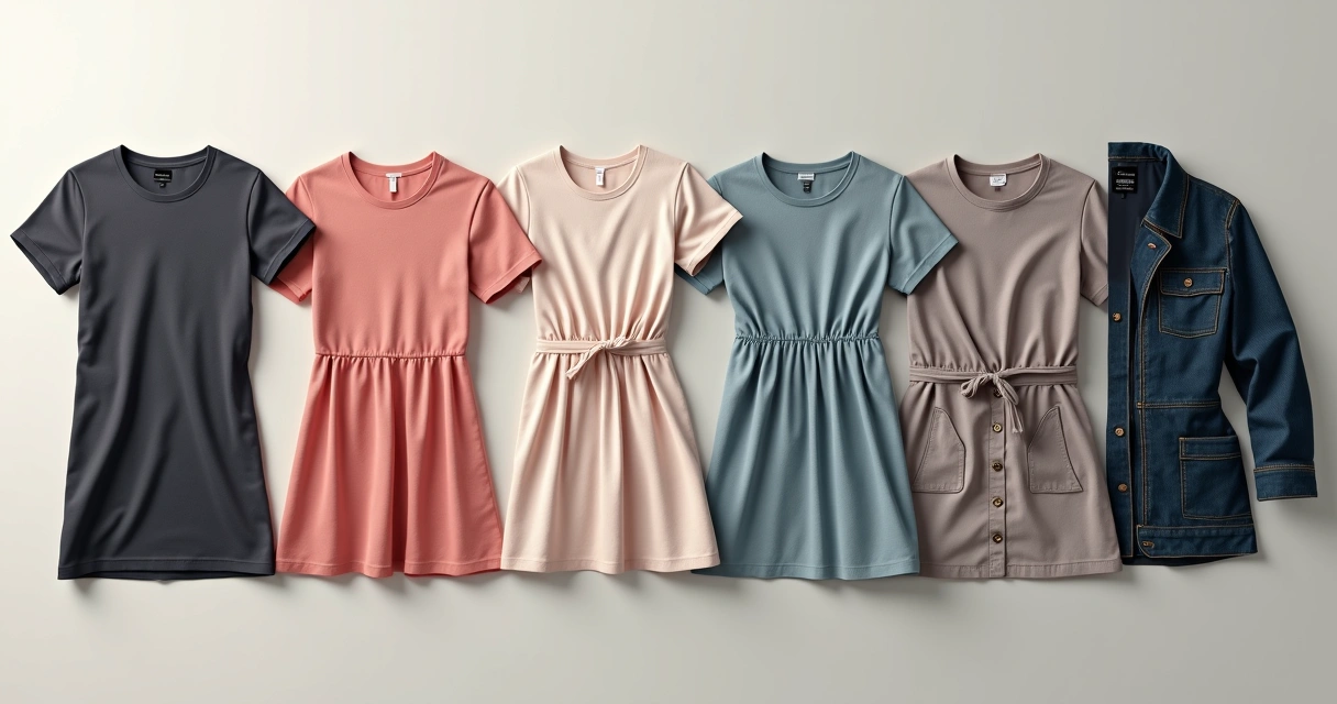 Imagens de roupas em várias cores e tamanhos diferentes em fundo branco. 