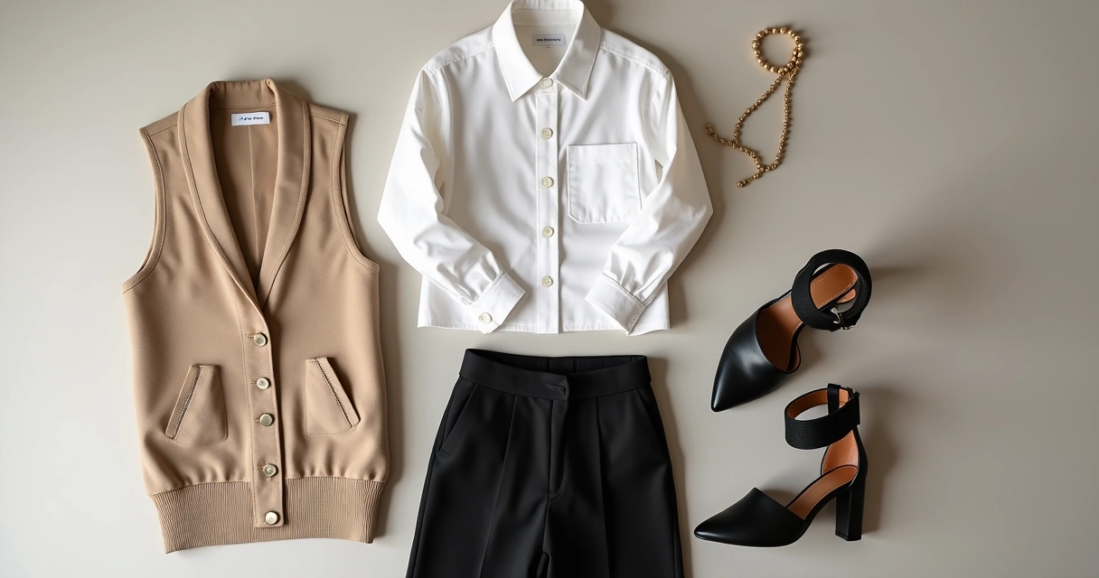 Roupa montada com peças de brechó premium: colete bege, camisa branca, calça alfaiataria preta 