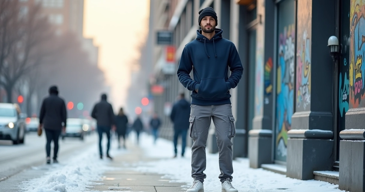 Homem com moletom esportivo azul escuro, calça cargo cinza e tênis branco, em cenário urbano cinza com pessoas ao fundo