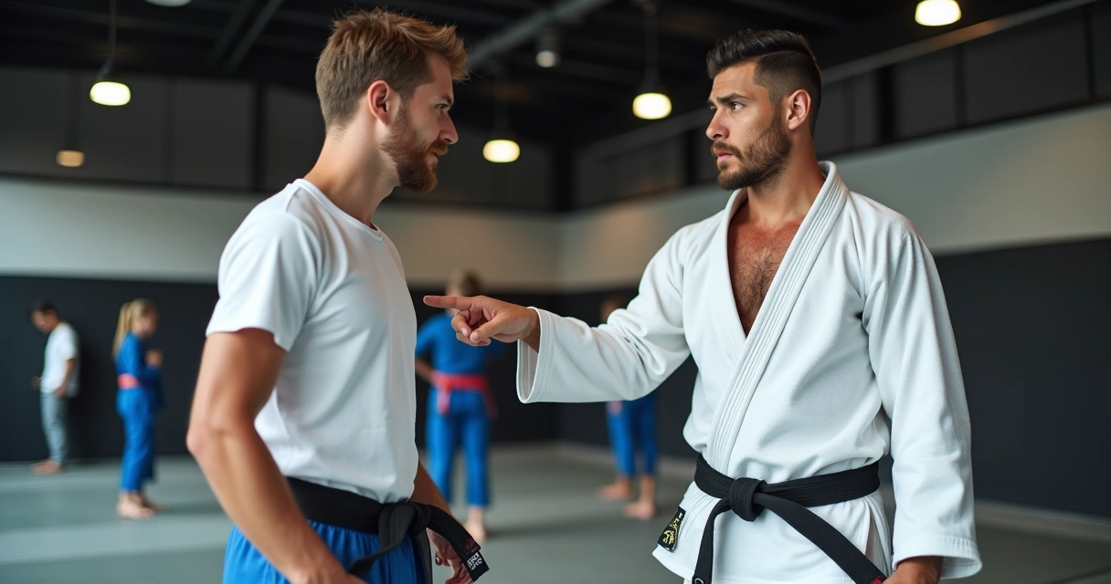 Aluno com roupa inadequada sendo corrigido no tatame 