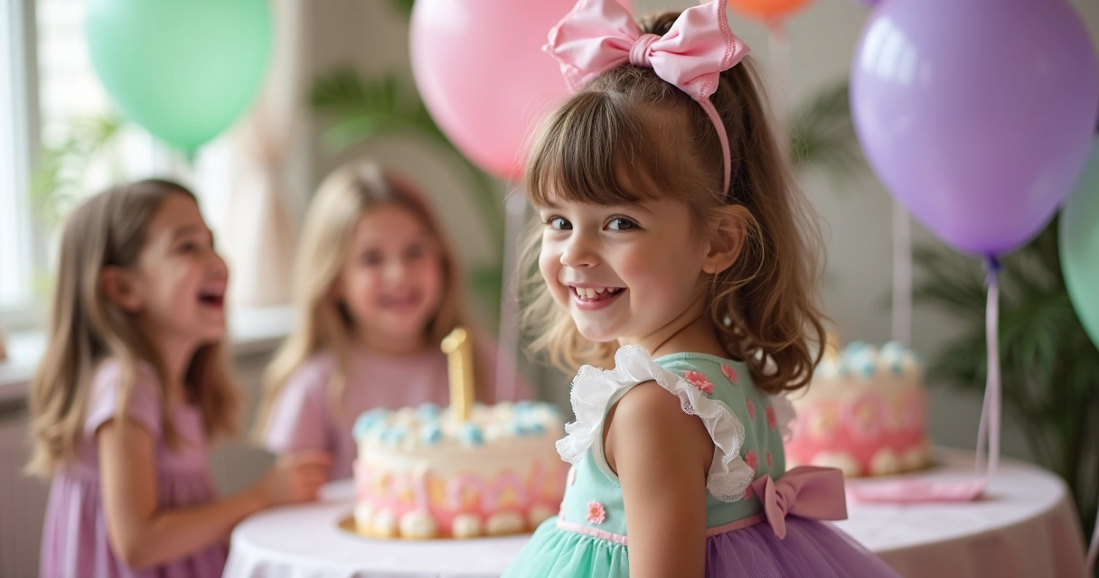 Menina sorrindo com vestido colorido em festa de aniversário