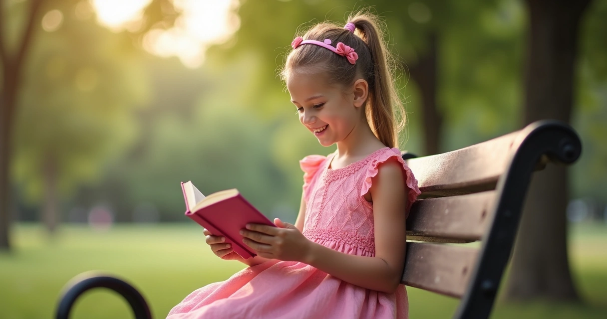 Menina usando vestido rosa feito de algodão sentado em parque