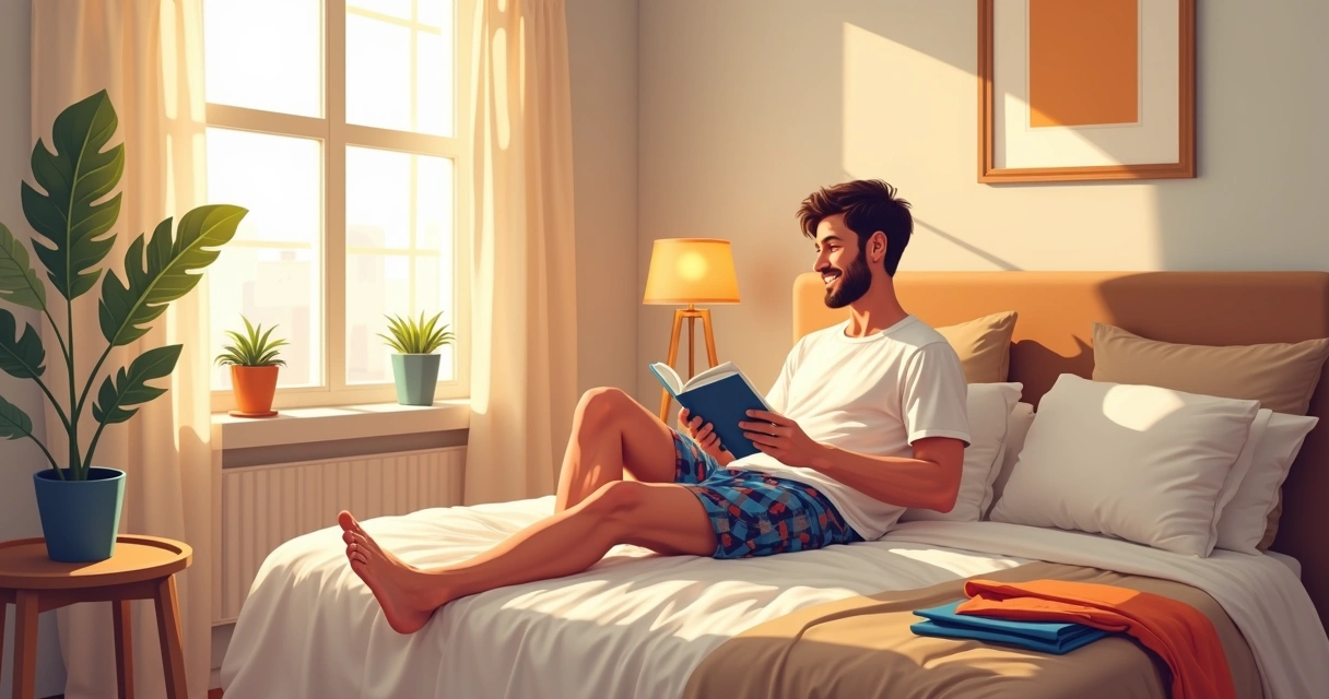 Homem sentado na cama de pijama com samba canção colorida