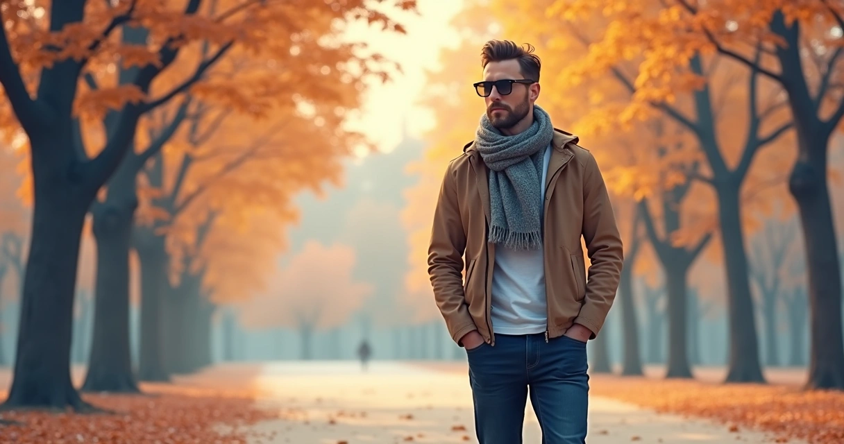 Homem com camiseta ajustada, jeans escuro e cachecol caminhando em parque de inverno