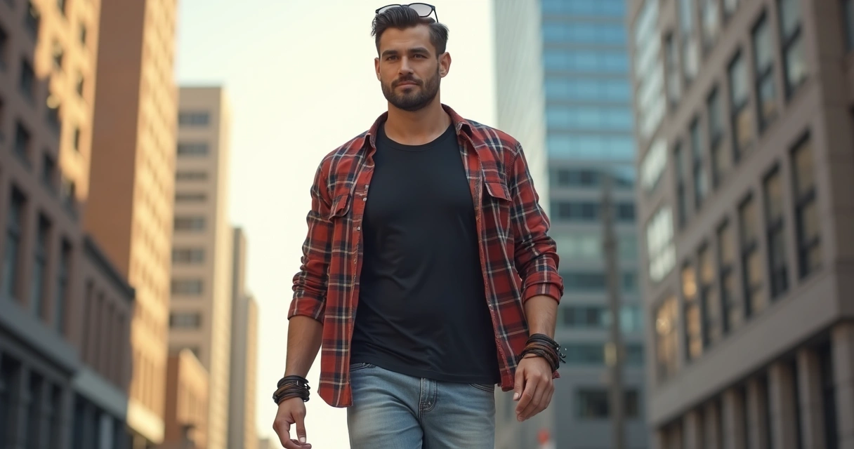 Homem vestindo camiseta de viscolycra preta com regata xadrez, calça jeans e pulseiras