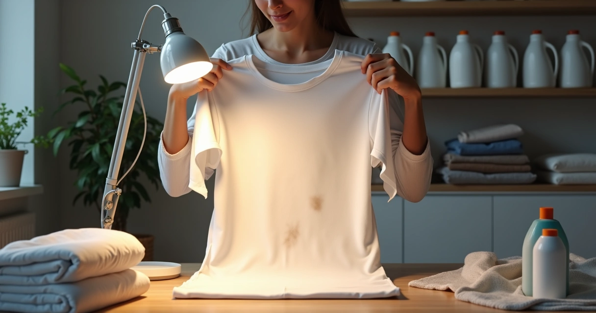 Pessoa analisando manchas difíceis em camisa branca sobre uma bancada 