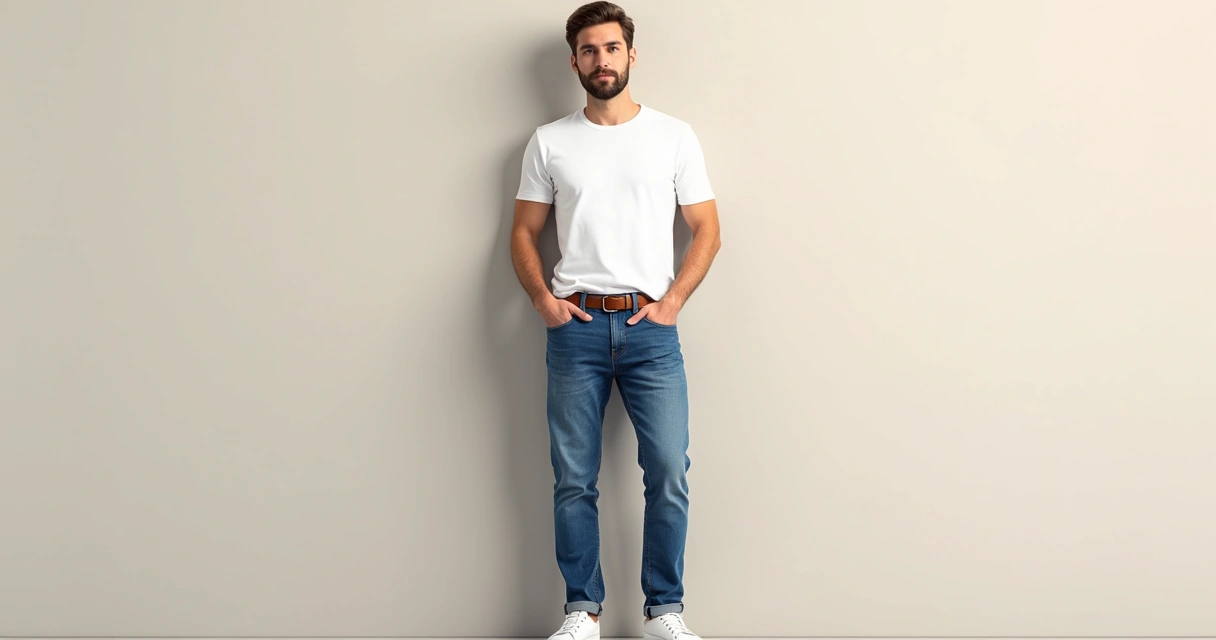 Homem em pé combinando camiseta branca e jeans azul