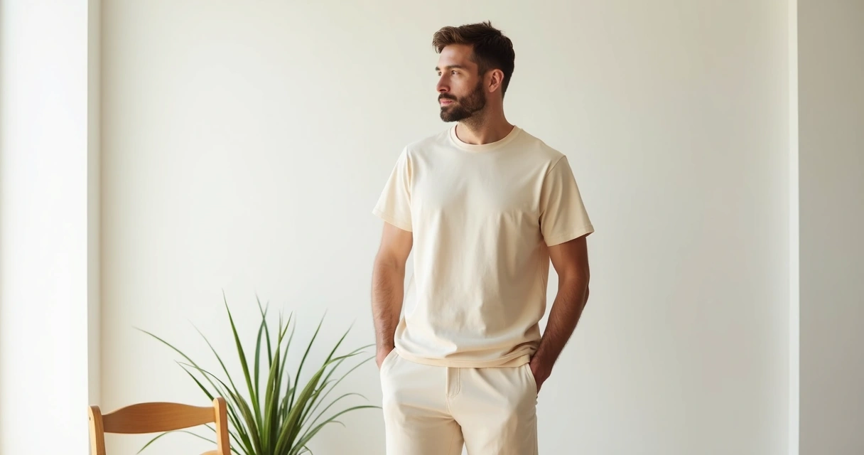 Homem veste camiseta de viscolycra em ambiente clean, estilo minimalista 
