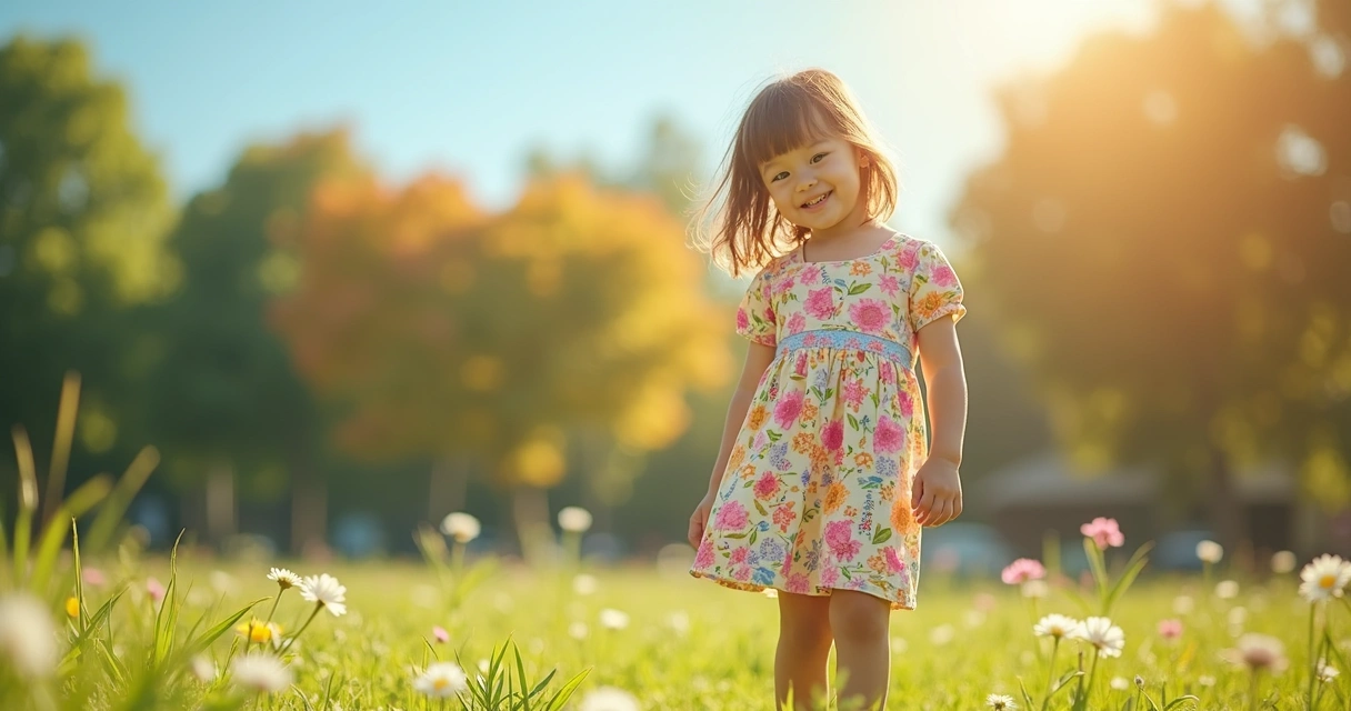 Menina usando vestido leve e colorido em ambiente ao ar livre ensolarado, mostrando conforto e estilo 