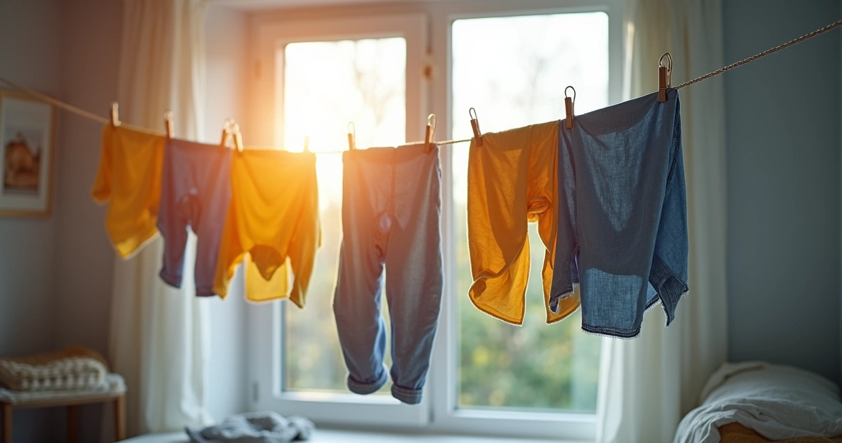 Roupas estendidas em um varal, ambiente claro, mostrando ventilação e cuidado na secagem.
