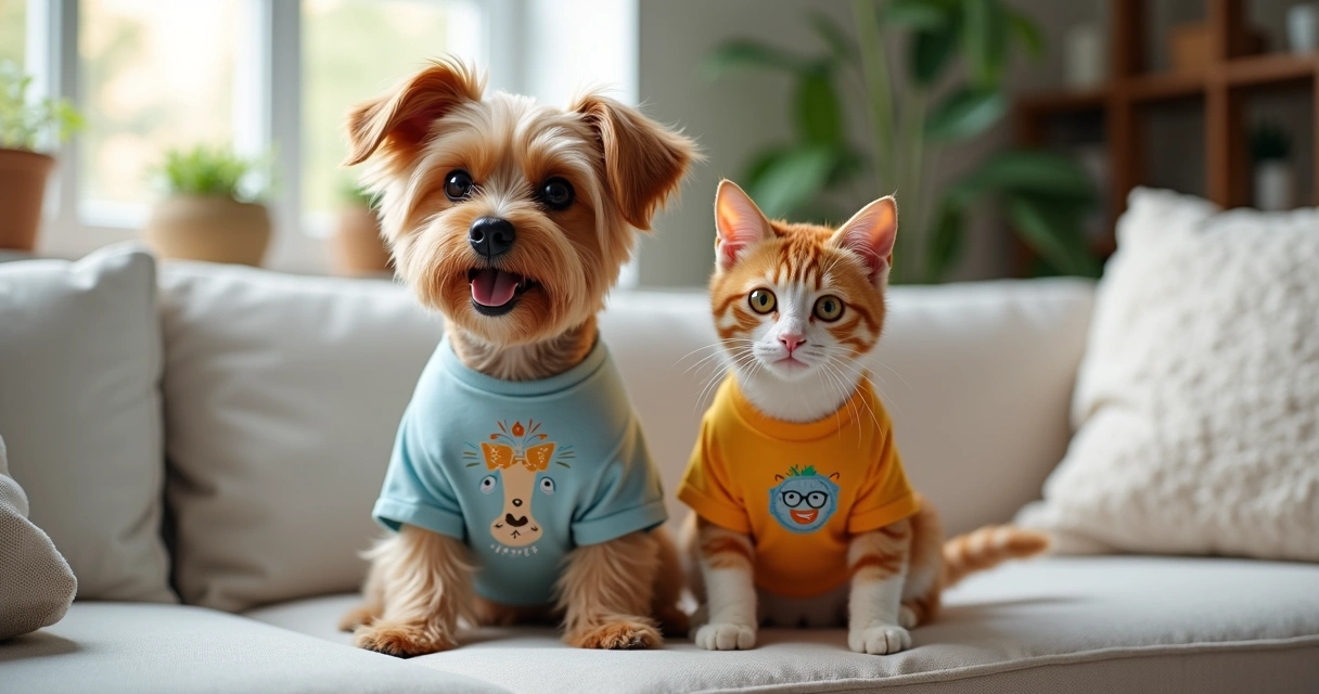 Cachorro e gato usando camisetas personalizadas sentados no sofá 
