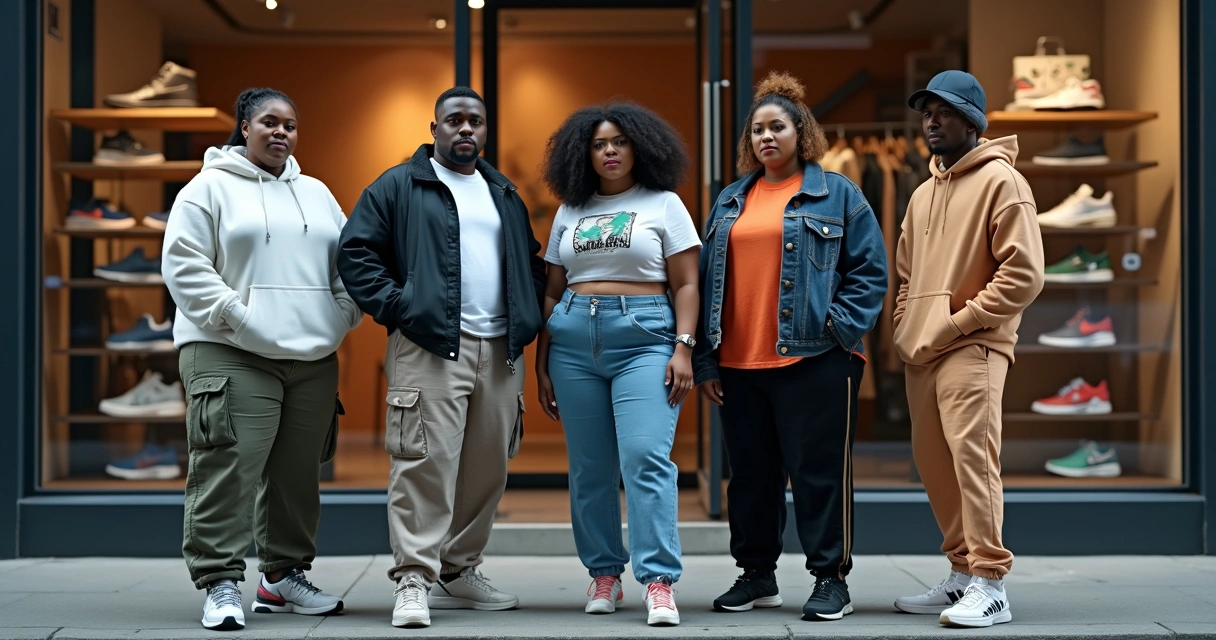 Grupo de pessoas plus size em roupas streetwear coloridas em frente a loja 