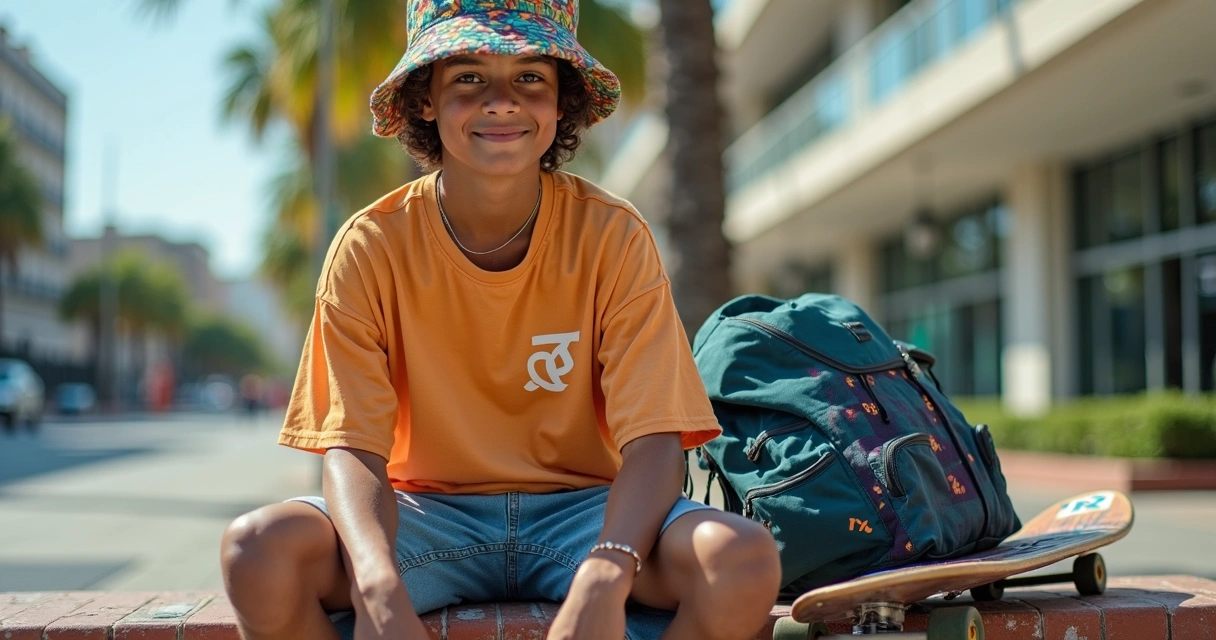 Jovem com roupas streetwear inspiradas no surf, sentado em um banco de praça urbana. 