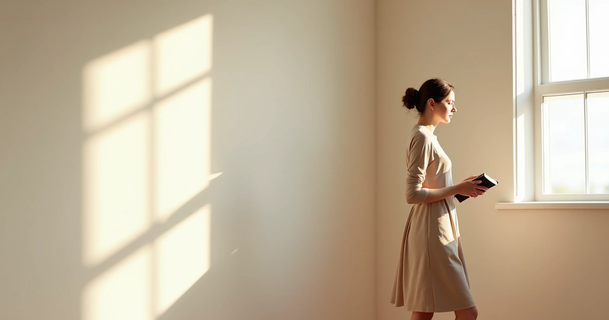 Mulher cristã usando vestido modesto em ambiente minimalista