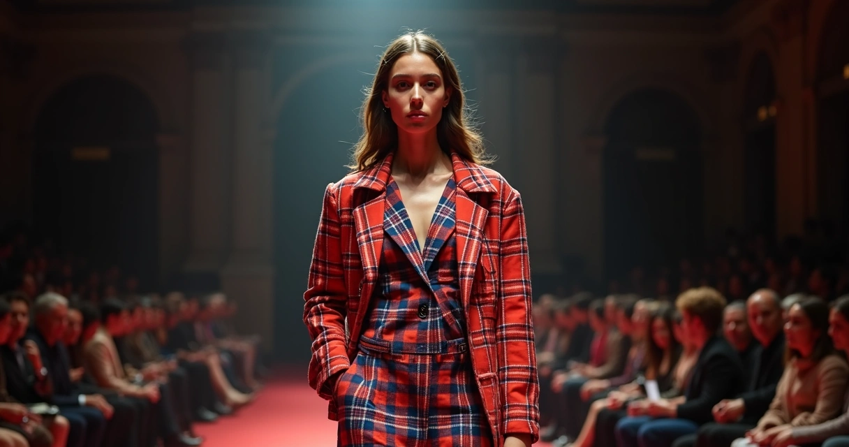 Look xadrez moderno no desfile de moda 