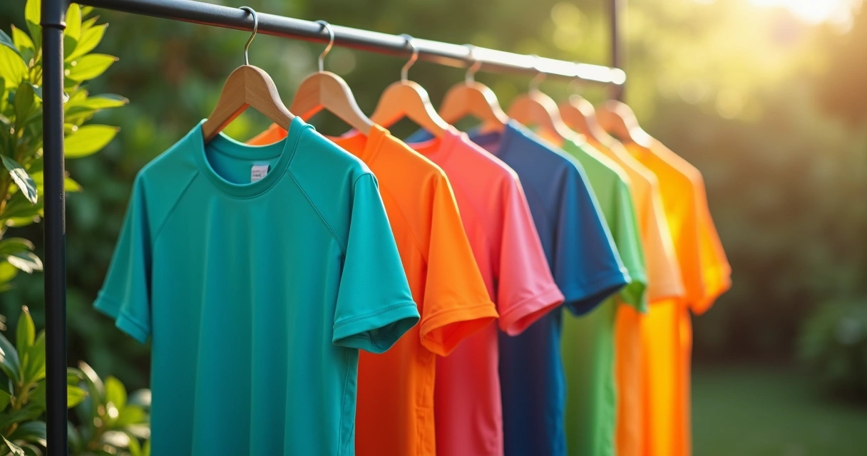 Roupas esportivas coloridas penduradas em cabide ao ar livre 