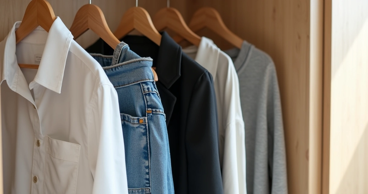 Roupas básicas organizadas em um armário seguindo uma paleta de tons neutros 