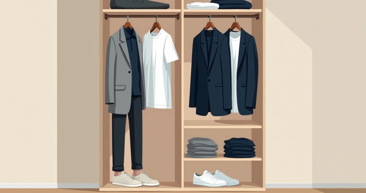 Closet com roupas masculinas básicas organizadas