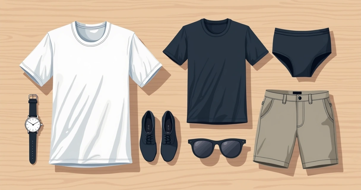 Camisetas e bermudas masculinas em cores neutras sobre uma superfície de madeira