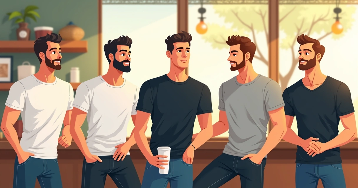 Vários homens usando camisetas e regatas em tons neutros em um ambiente casual