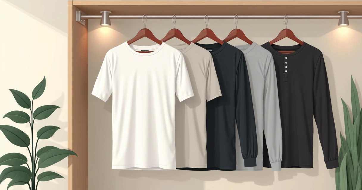 Roupas masculinas minimalistas penduradas em arara de madeira clara, com tecidos de qualidade e tons neutros