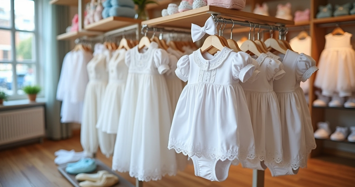 Expositor de roupas de batizado infantil em loja de atacado 