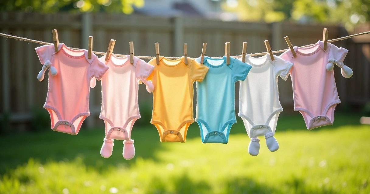 Roupas de bebê de algodão coloridas penduradas em varal 