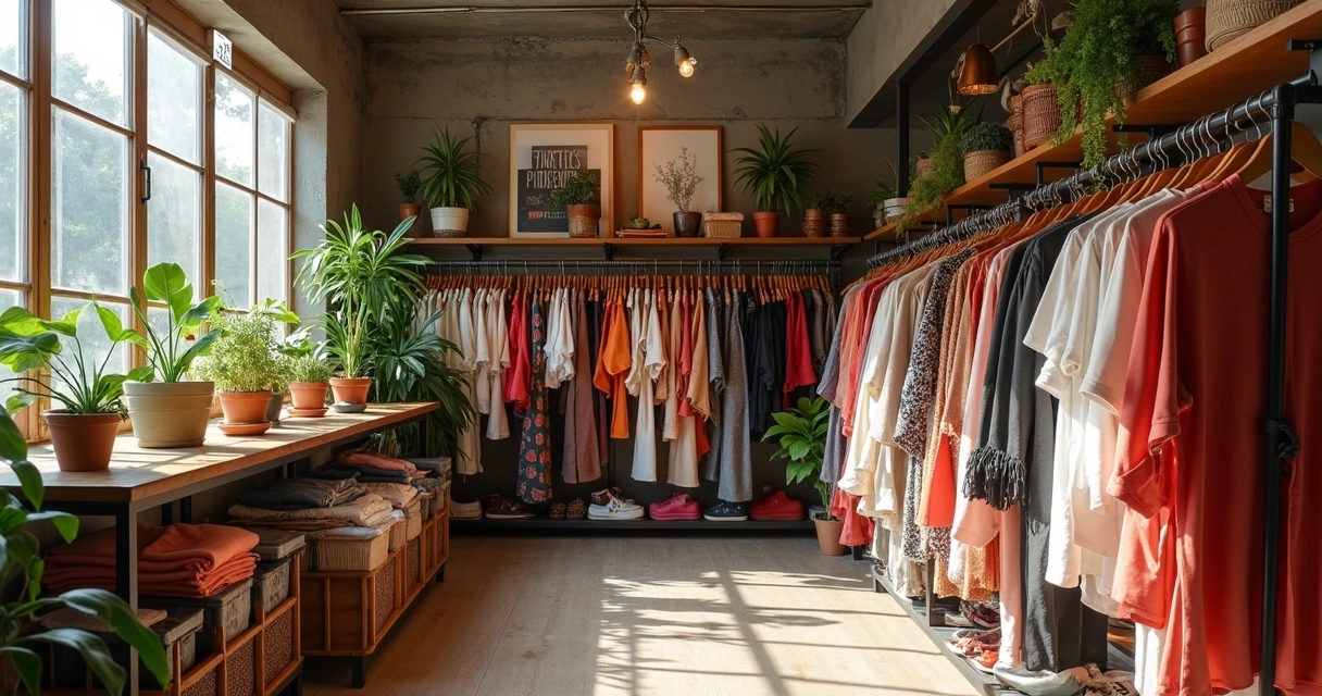 Vitrine com roupas de brechó circular organizadas em cabides de madeira 