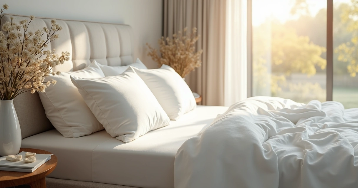 Lençóis e fronhas brancos em cama de casal com flores ao lado