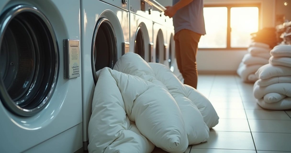 Edredom branco sendo inserido em máquina de lavar grande 