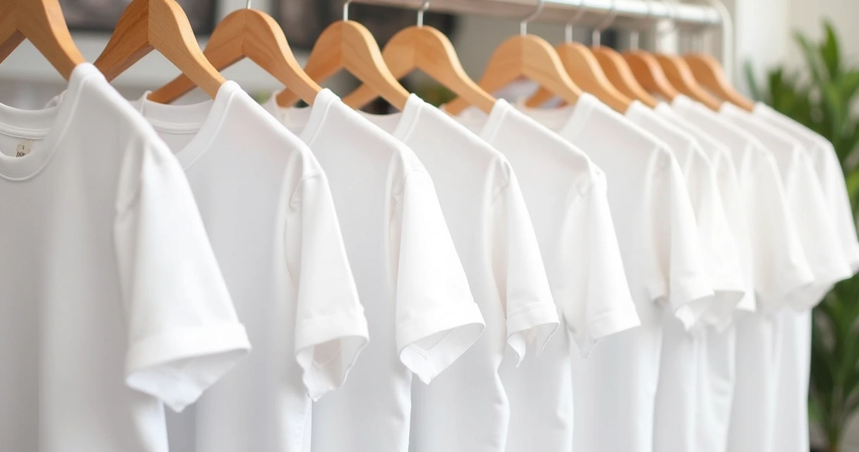 Várias camisetas masculinas brancas alinhadas em loja