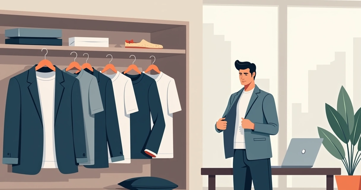 Homem trocando de camisa no escritório com roupas masculinas versáteis e tons neutros ao fundo