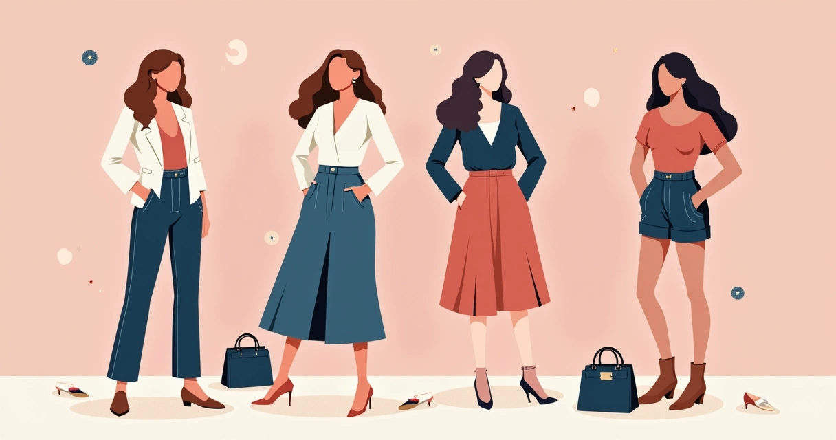 Roupas de cintura alta de diferentes tecidos e estilos, lado a lado 