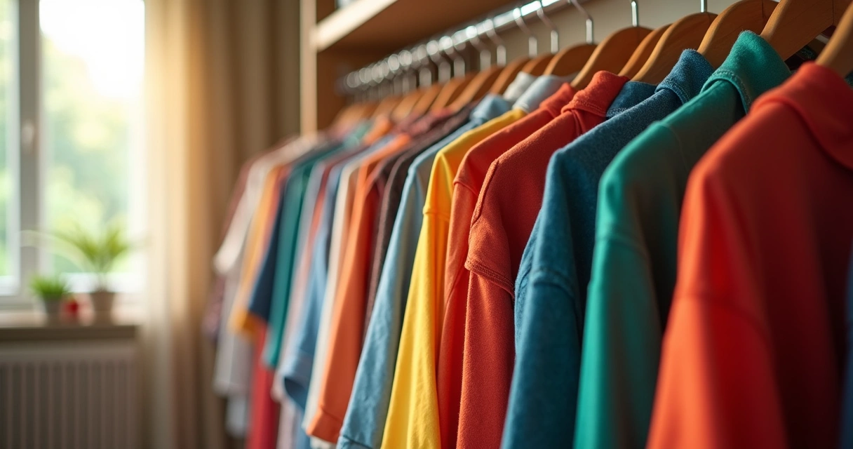 Roupas coloridas vibrantes penduradas em arara 