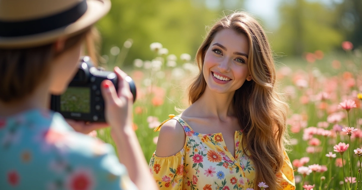 Fotógrafo clicando modelo com roupas coloridas em ambiente de primavera 