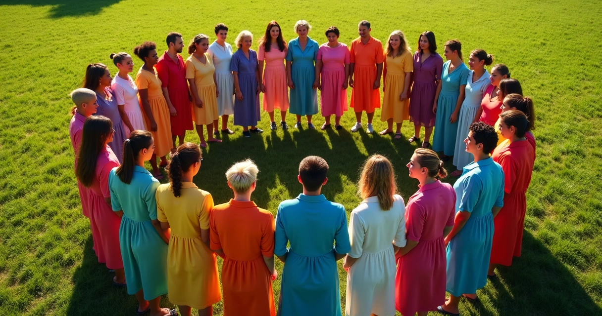Grupo de pessoas em roda com roupas coloridas ao ar livre 