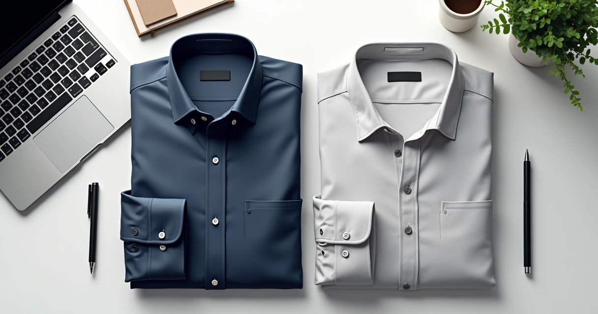 Camisas e camisetas masculinas elegantes em tons neutros sobre mesa no escritório