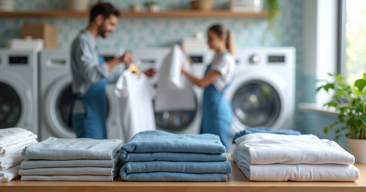 Roupas organizadas e limpas em bancada de lavanderia premium 