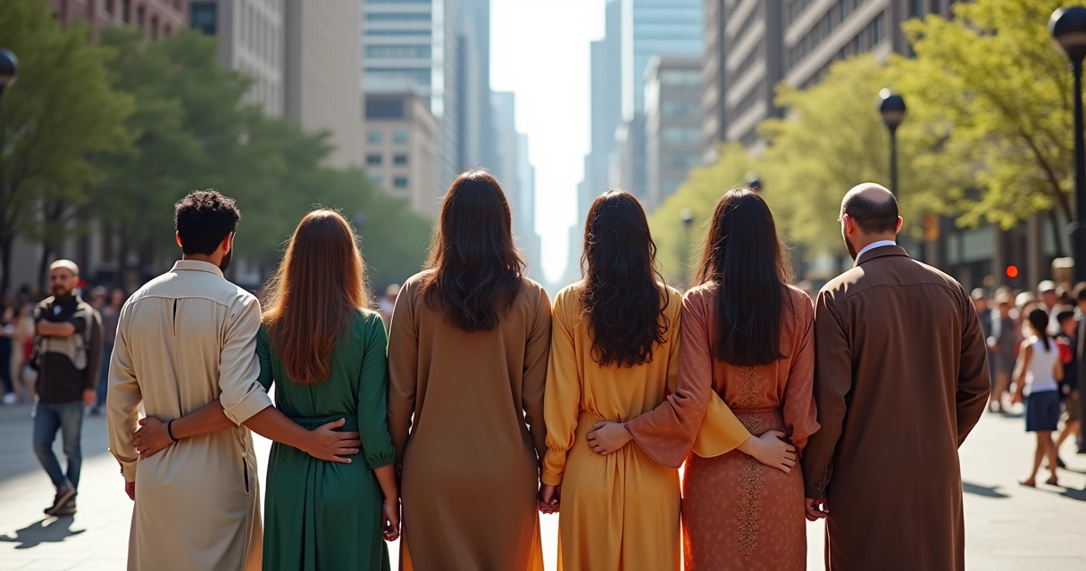 Pessoas de diferentes culturas vestindo roupas típicas em um espaço urbano moderno 