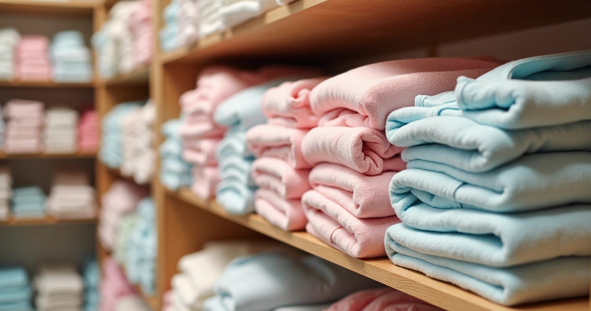 Várias roupas de bebê dobradas em prateleiras de loja 